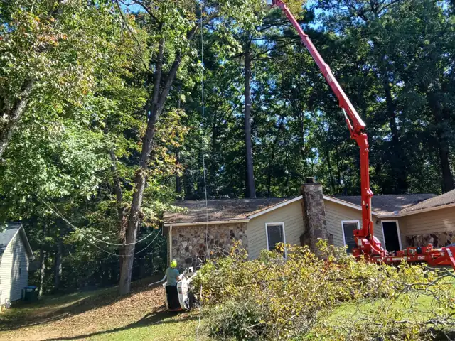 Aerial lift set up beside a house for tree work